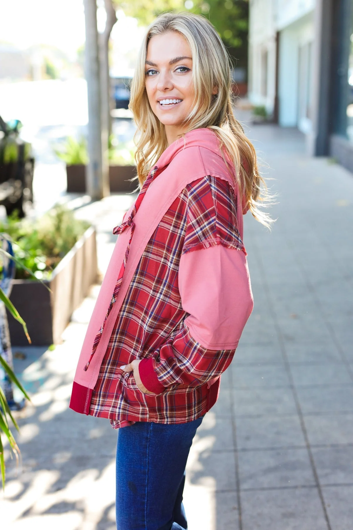 Aneta | Adorable marsala check French terry hoodie with color block zip fastening - Image 21