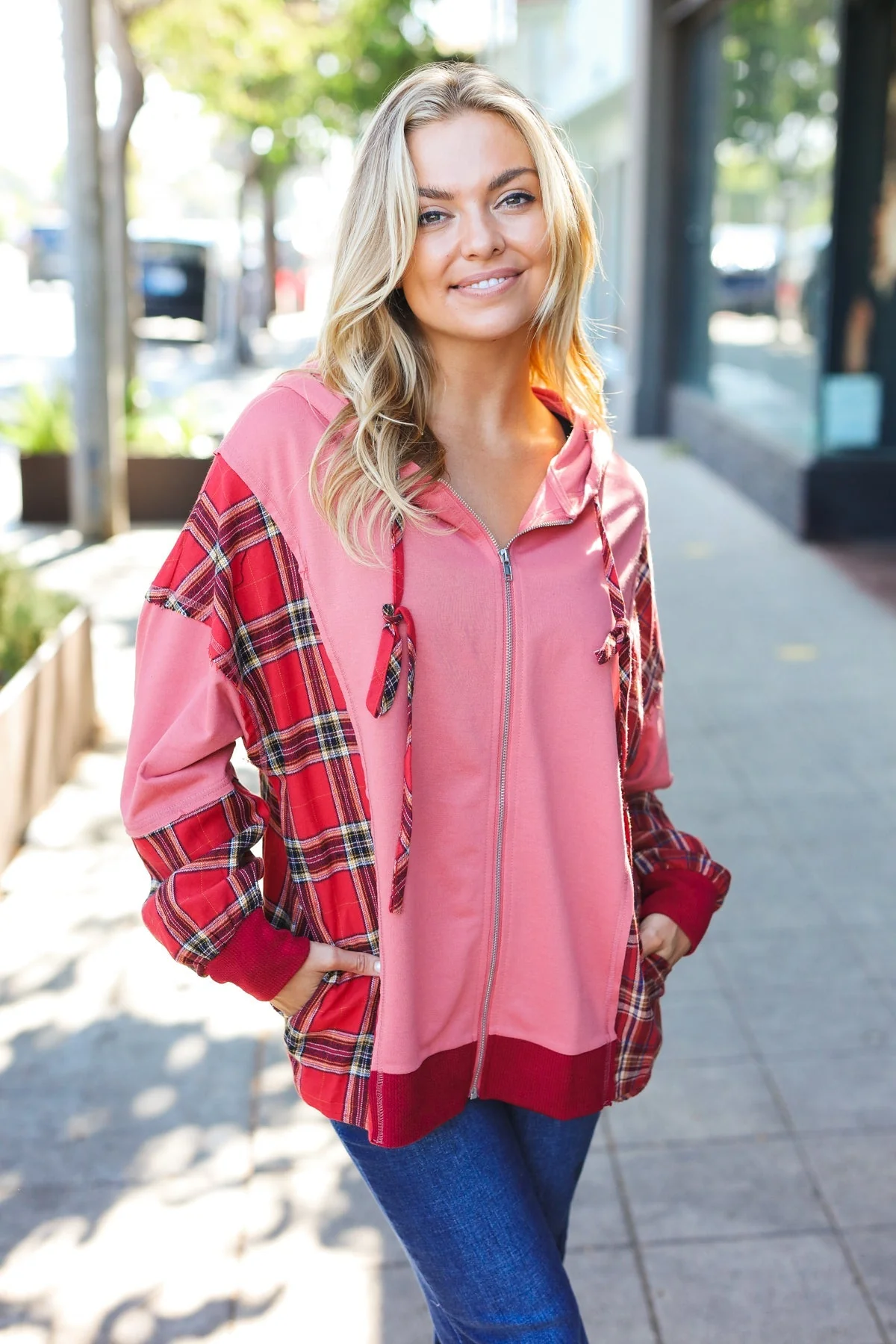 Aneta | Adorable marsala check French terry hoodie with color block zip fastening - Image 22