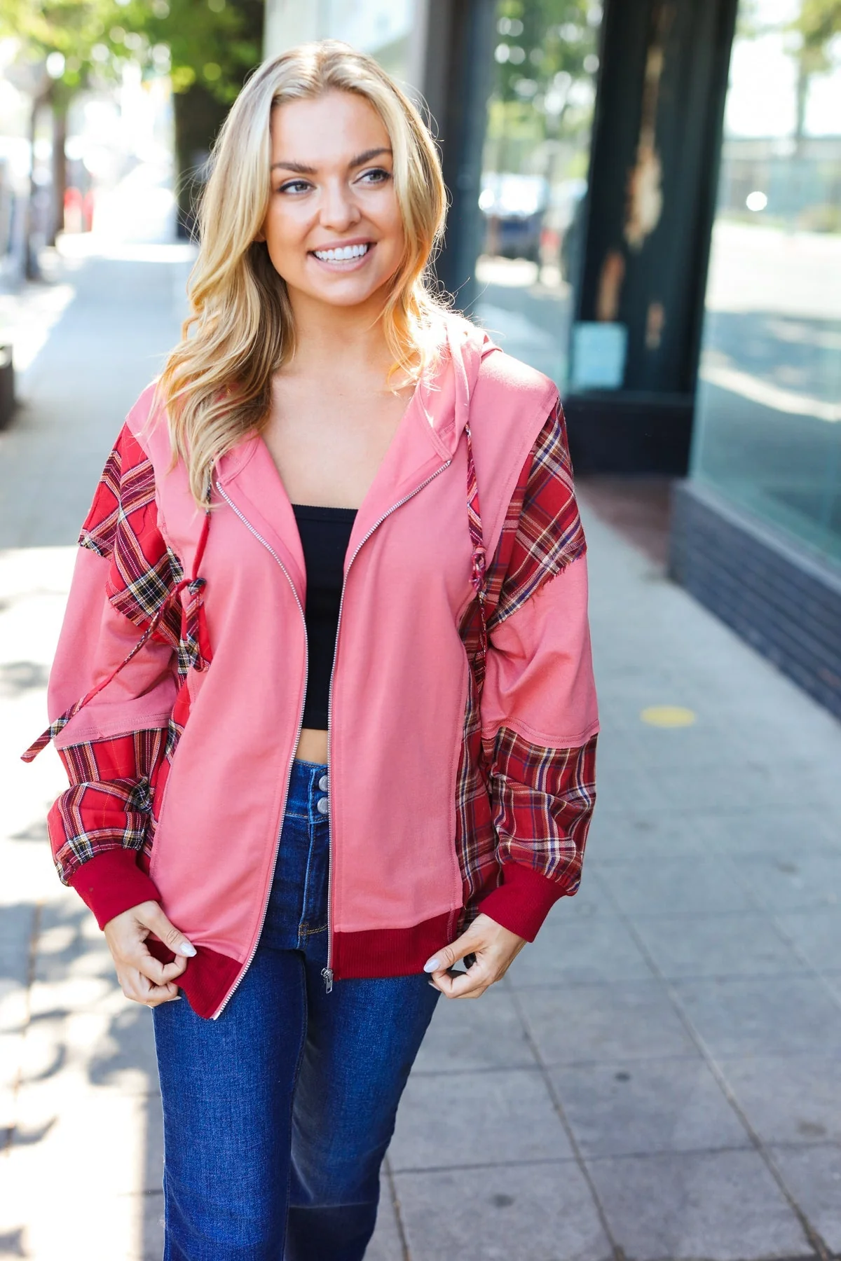 Aneta | Adorable marsala check French terry hoodie with color block zip fastening - Image 24