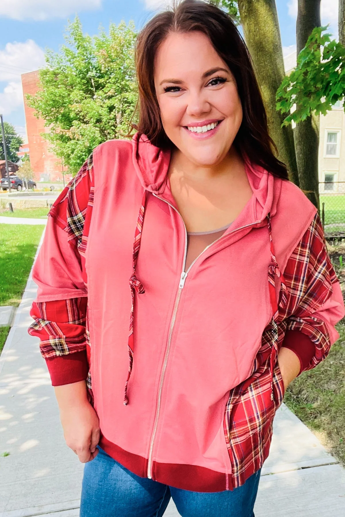 Aneta | Adorable marsala check French terry hoodie with color block zip fastening - Image 25