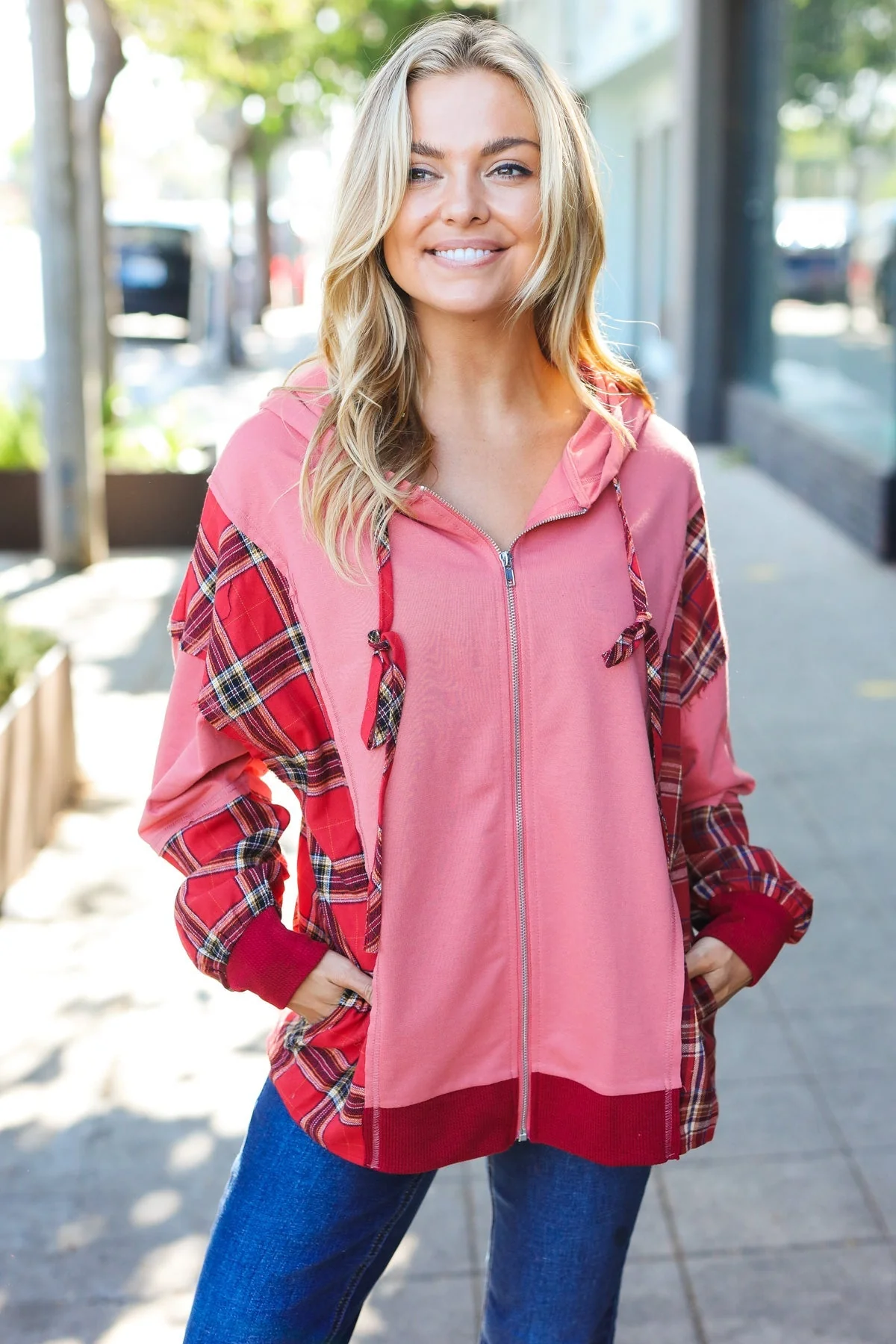 Aneta | Adorable marsala check French terry hoodie with color block zip fastening - Image 26