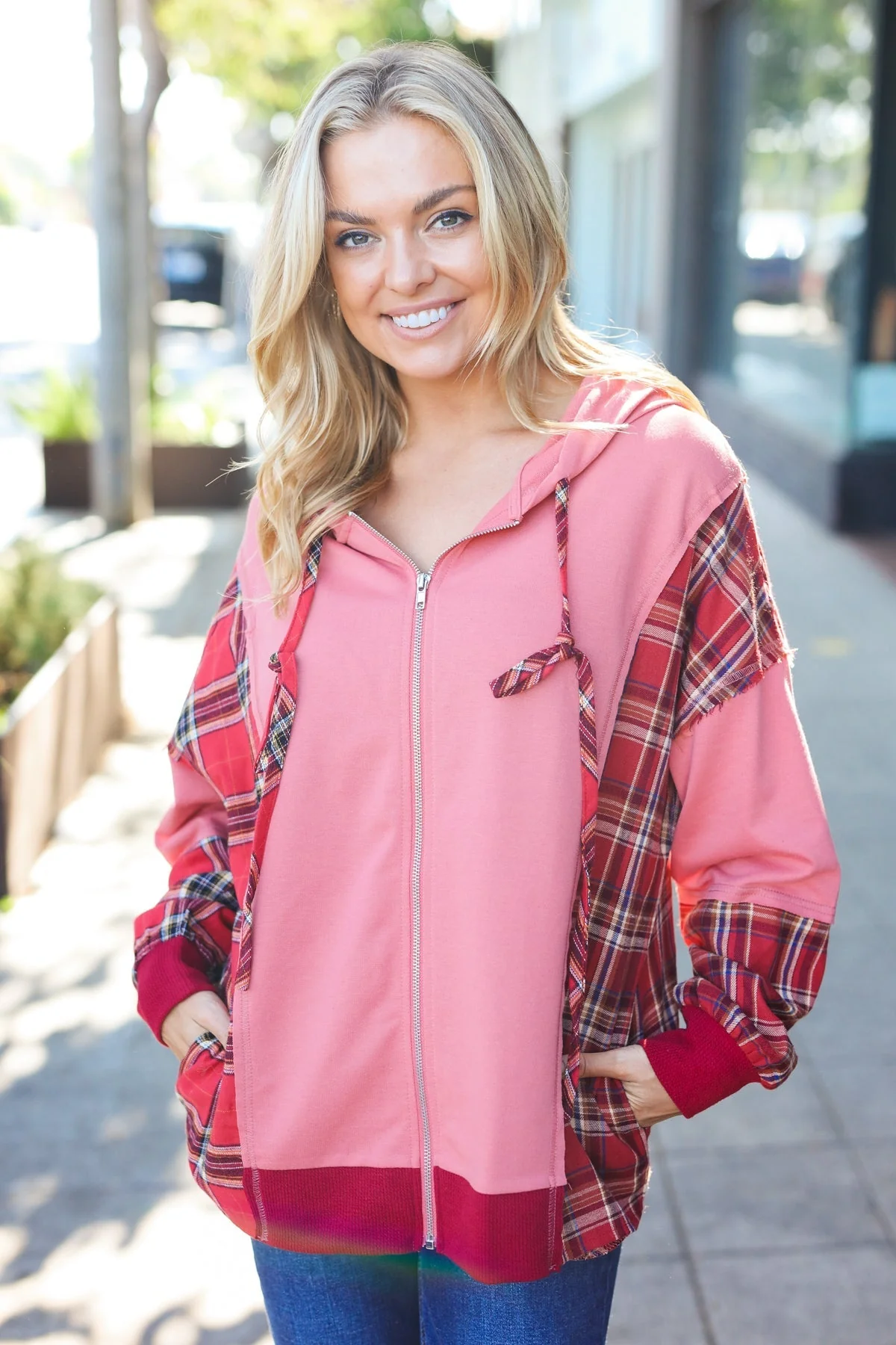 Aneta | Adorable marsala check French terry hoodie with color block zip fastening - Image 27