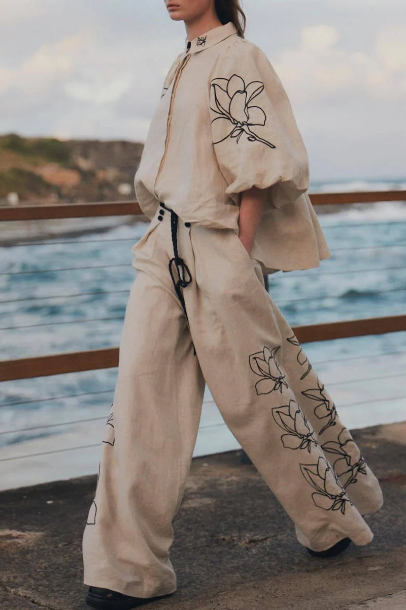 Angela | Casual vintage print, floral, pocket, frenulum, turn-down collar, half sleeve, two piece - Image 4