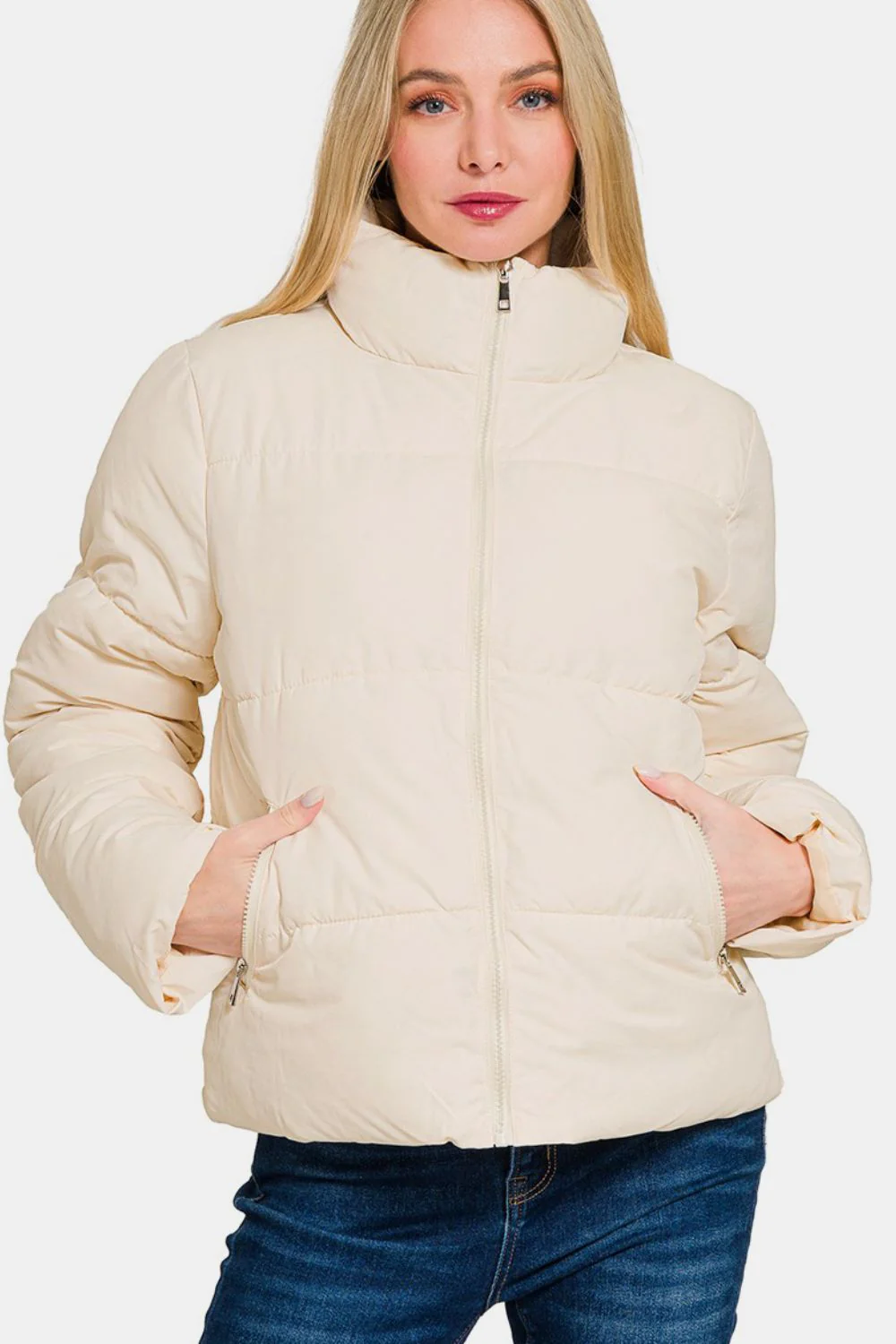 Angela | Zenana turtleneck puffer jacket with zip and pockets
