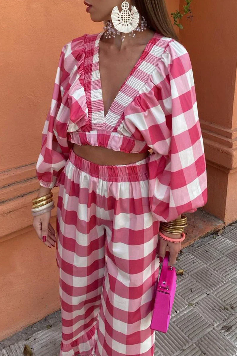 Angelika | Casual cute plaid contrast long sleeve V-neck two piece suit - Image 3
