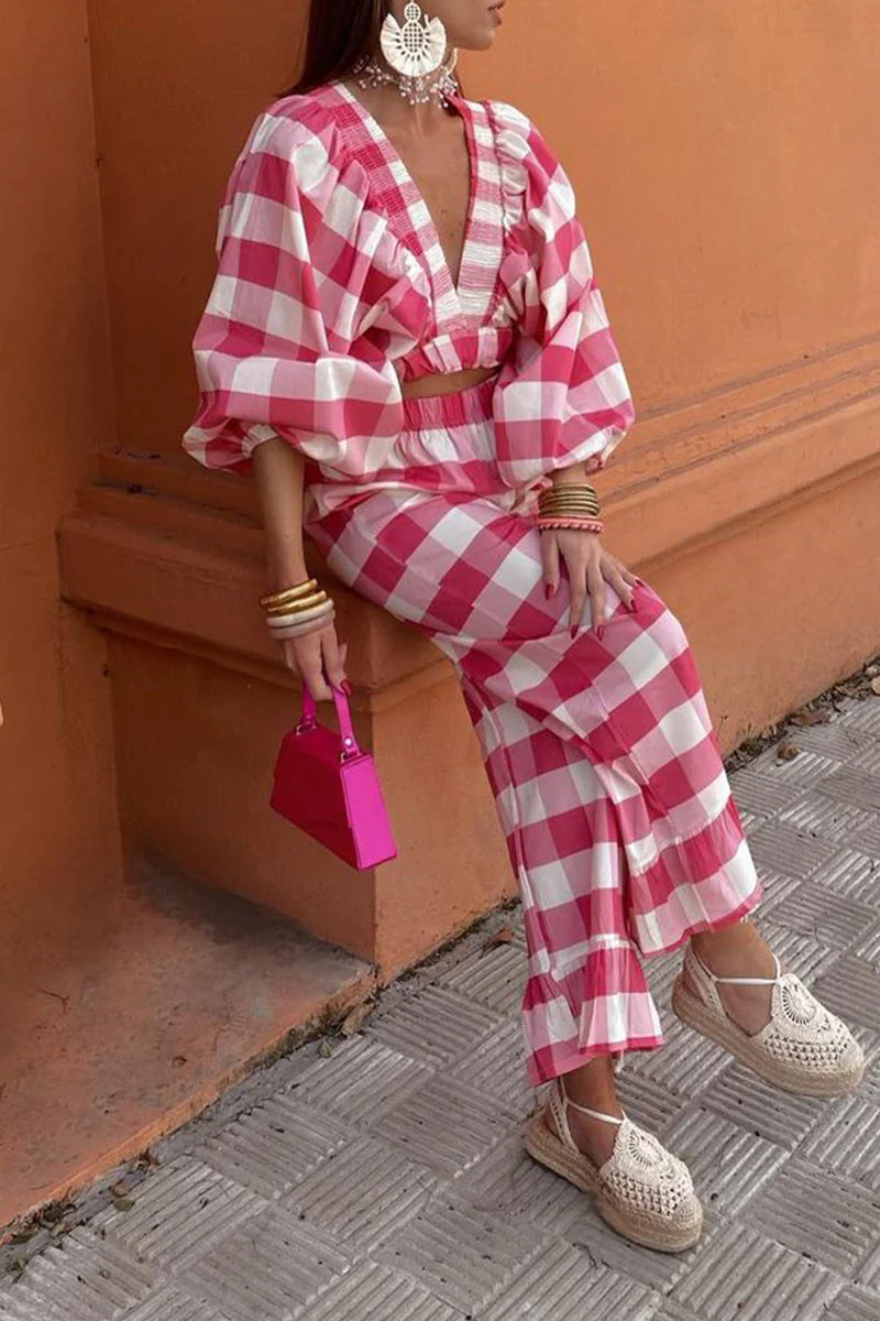 Angelika | Casual cute plaid contrast long sleeve V-neck two piece suit - Image 5