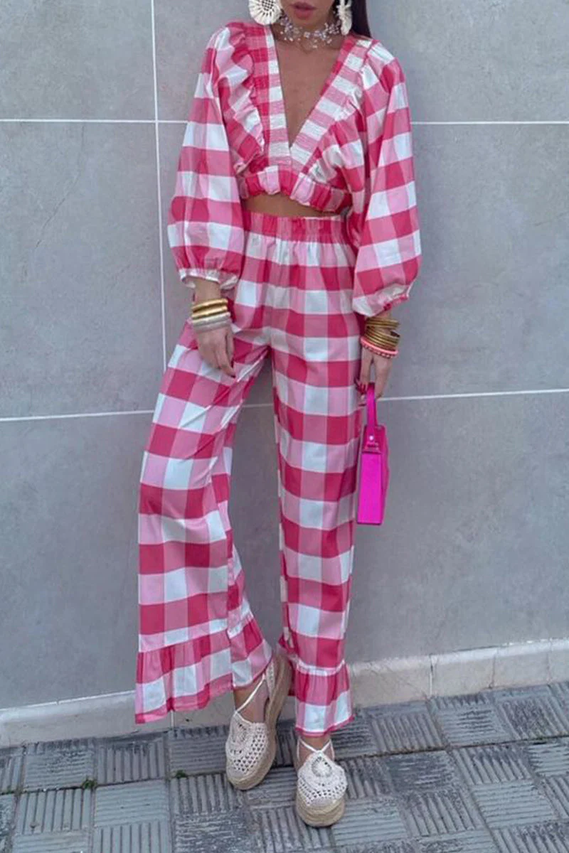 Angelika | Casual cute plaid contrast long sleeve V-neck two piece suit - Image 7