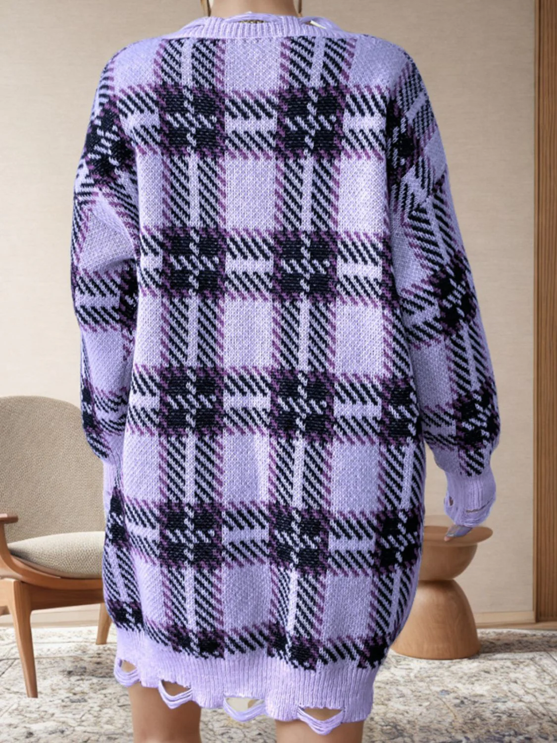Annelie | Long sleeve sweater dress with a distressed checked V-neck - Image 11