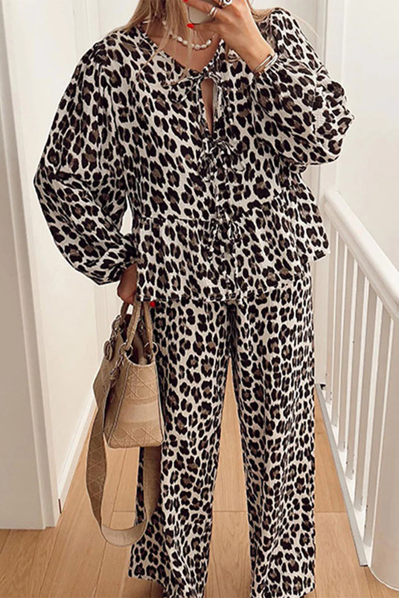 Annelise | Casual daily leopard print lace up ruffle O-neck long sleeve two piece suit - Image 2