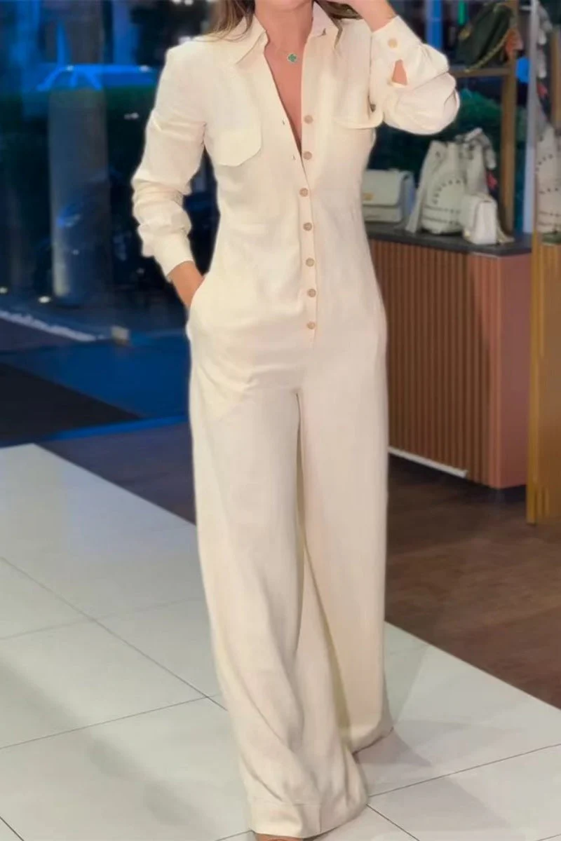 Annemarie | Casual solid color regular jumpsuits with turn-down collar and pockets - Image 2