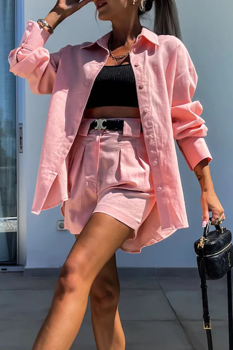 Antje | Casual solid color buttons, patchwork turn-down collar, long sleeves, two piece - Image 5