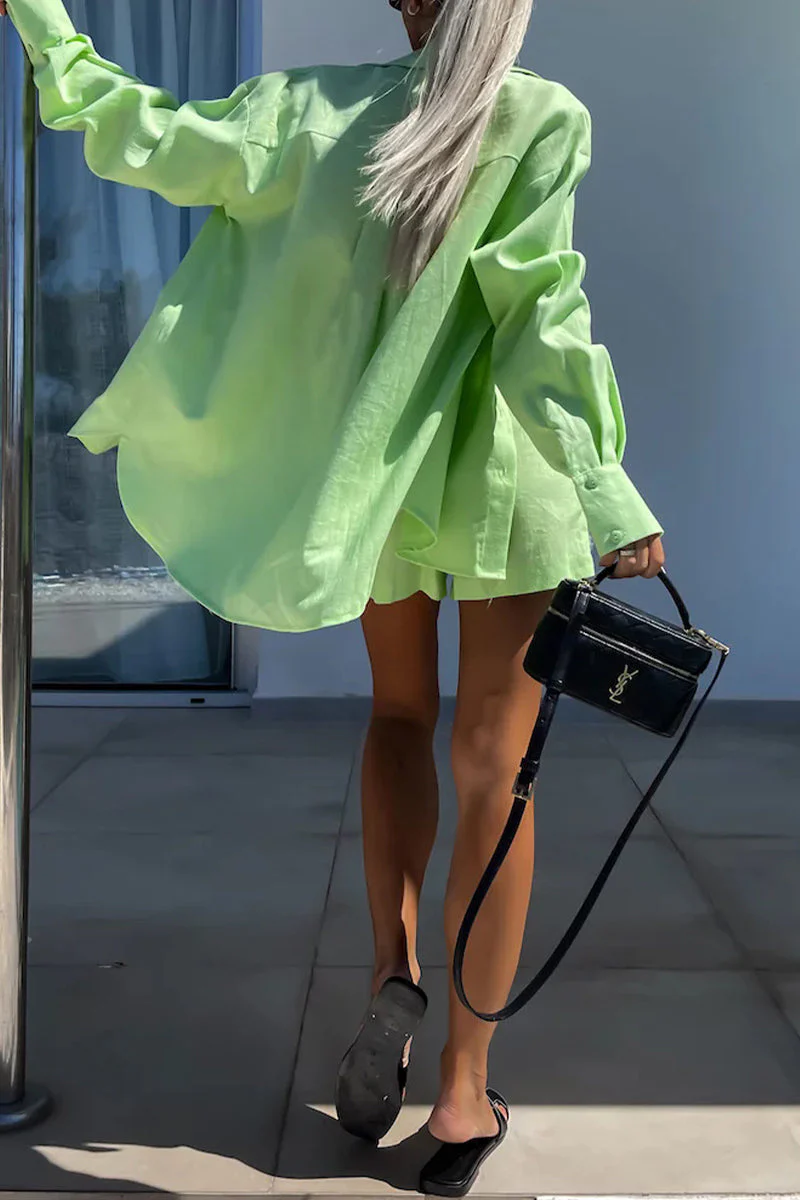 Antje | Casual solid color buttons, patchwork turn-down collar, long sleeves, two piece - Image 6