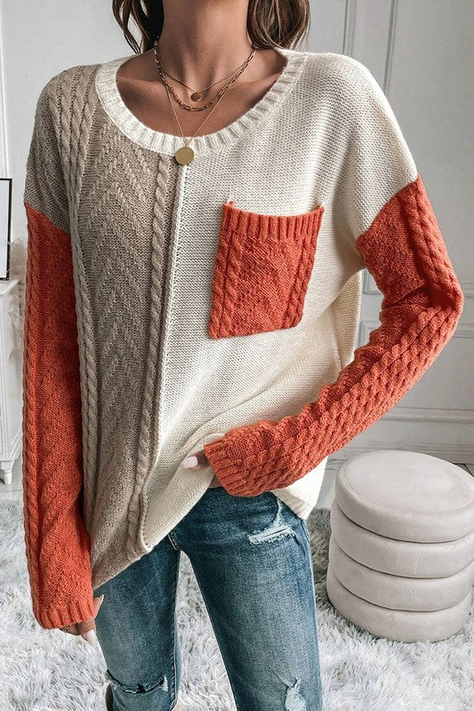 Antonia | Women's color block sweater with patch pockets on the shoulder - Image 5