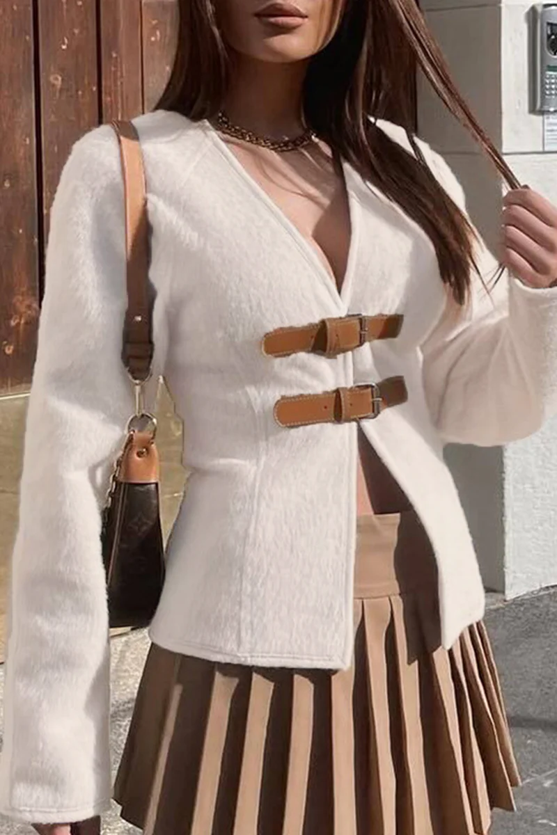 Ariadna | Casual solid color patchwork V-neck outerwear - Image 3