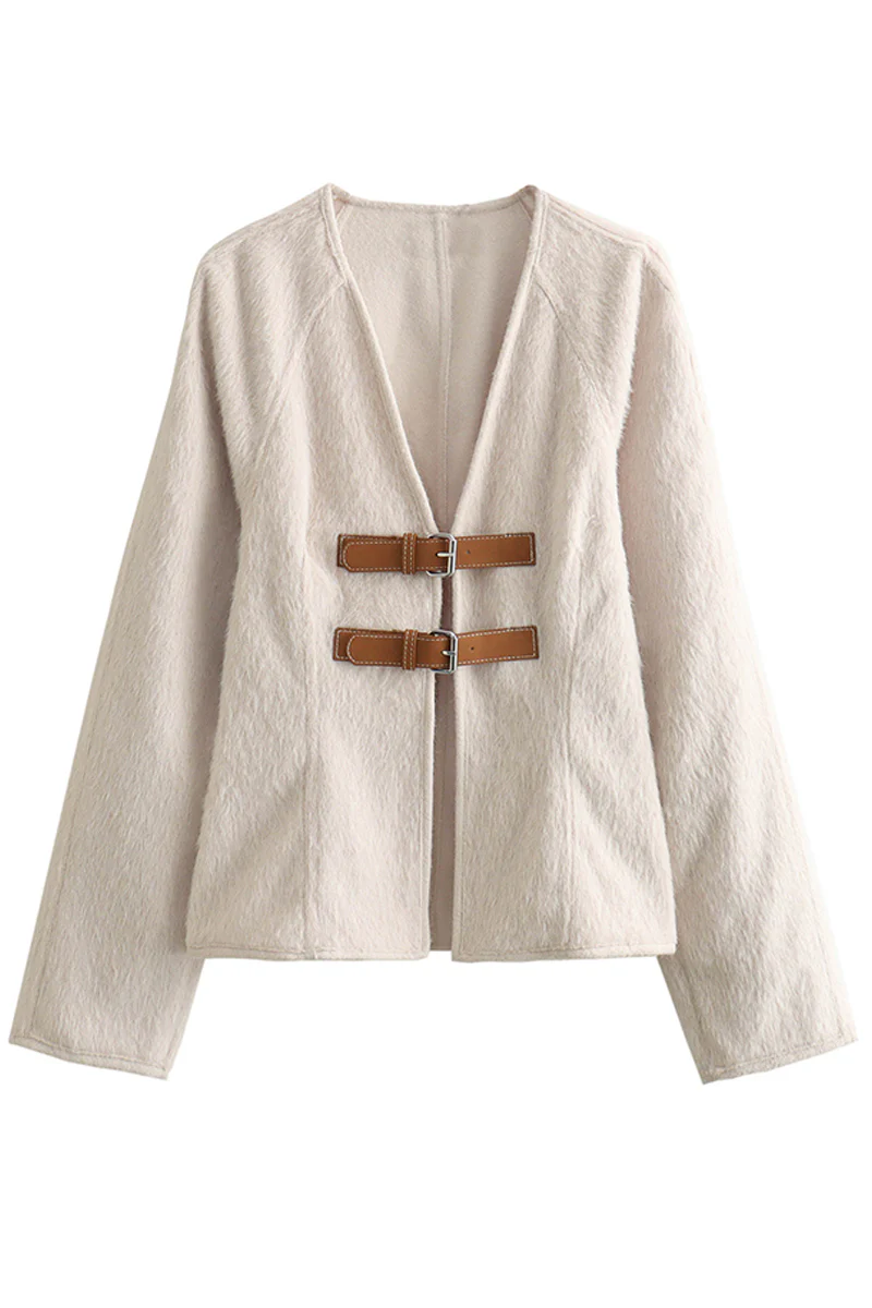 Ariadna | Casual solid color patchwork V-neck outerwear - Image 4