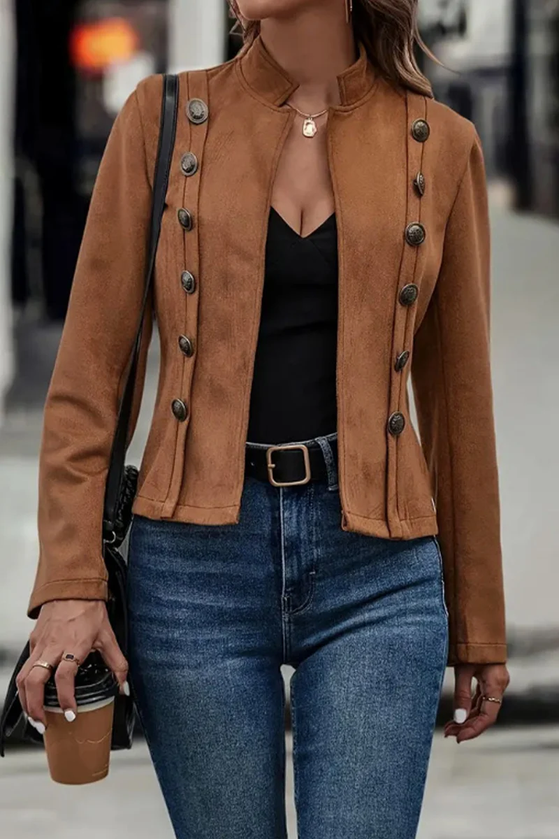 Augusta | Casual Street Solid Color Buttons Patchwork Half A Turtleneck Outerwear - Image 3