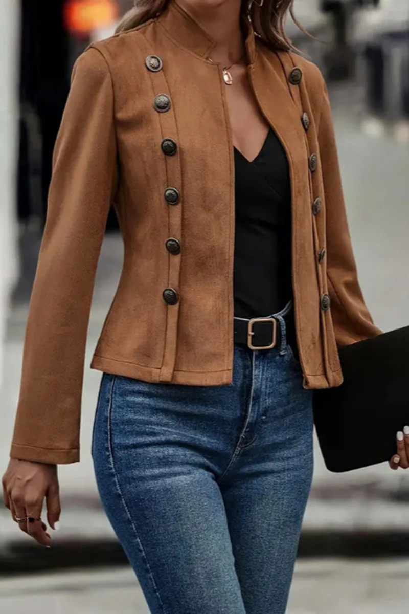 Augusta | Casual Street Solid Color Buttons Patchwork Half A Turtleneck Outerwear - Image 5
