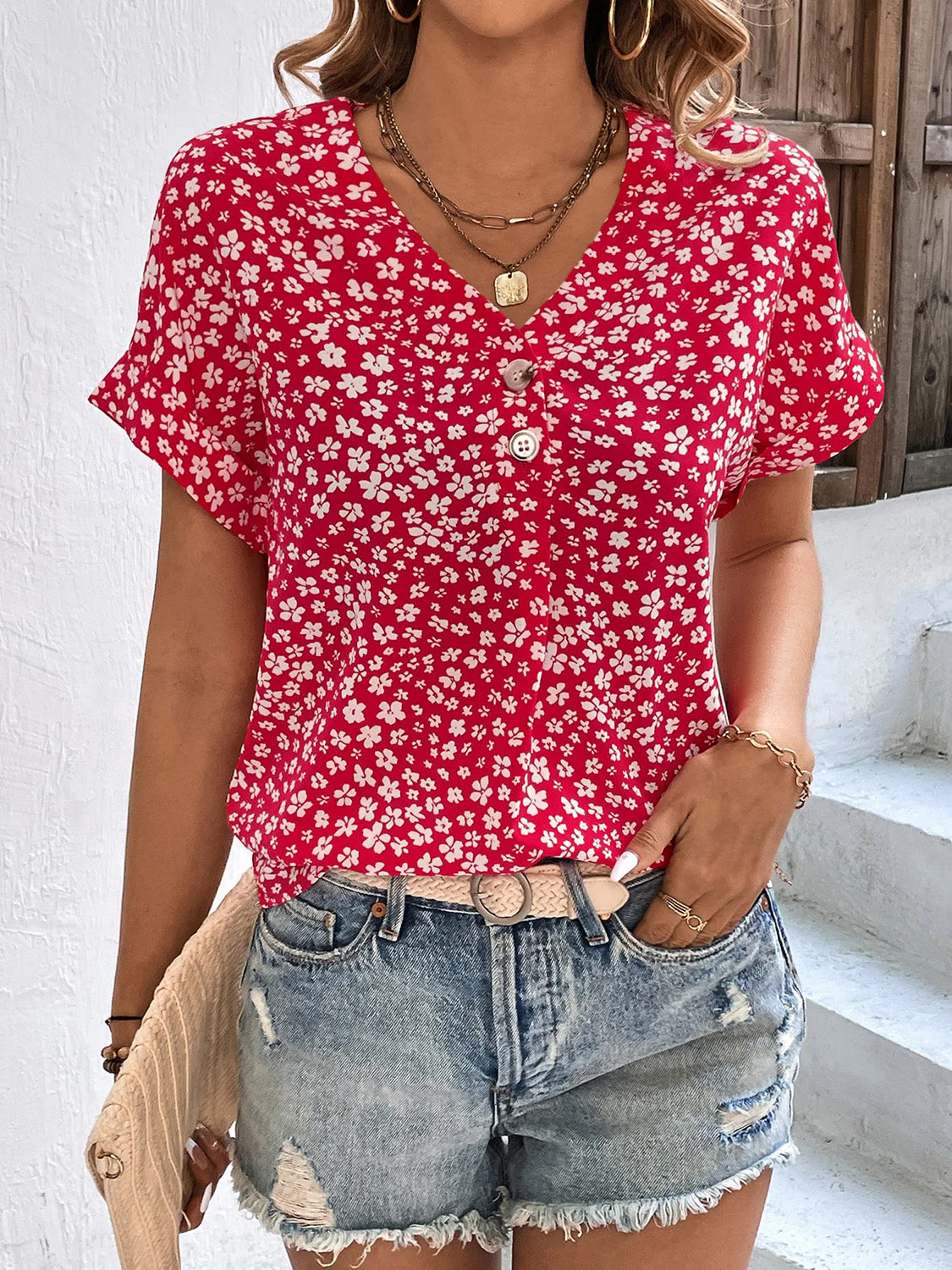 Avery® | Casual Floral Short Sleeve V-Neck Blouse - Image 2