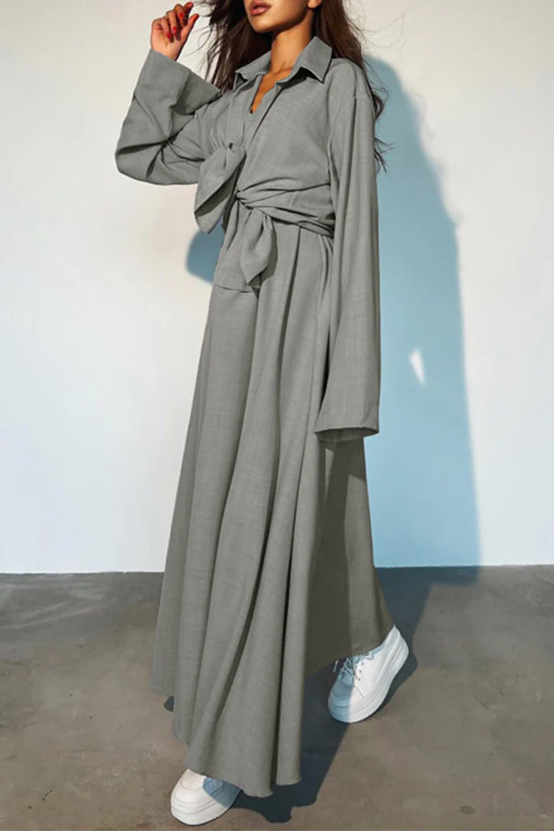 Barbara | Casual daily solid color patchwork turn-down collar long sleeve two piece - Image 2