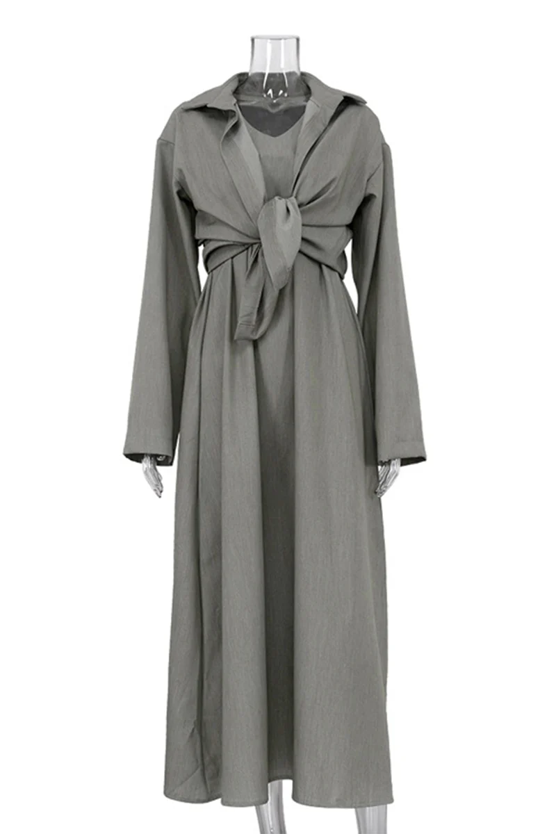 Barbara | Casual daily solid color patchwork turn-down collar long sleeve two piece - Image 4