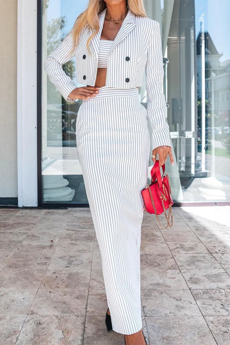 Bea | Street elegant stripe print, buttons, slit, contrast, reversible collar, long sleeves, two piece - Image 4