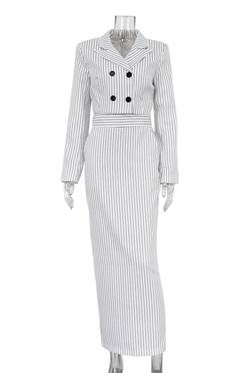 Bea | Street elegant stripe print, buttons, slit, contrast, reversible collar, long sleeves, two piece - Image 6