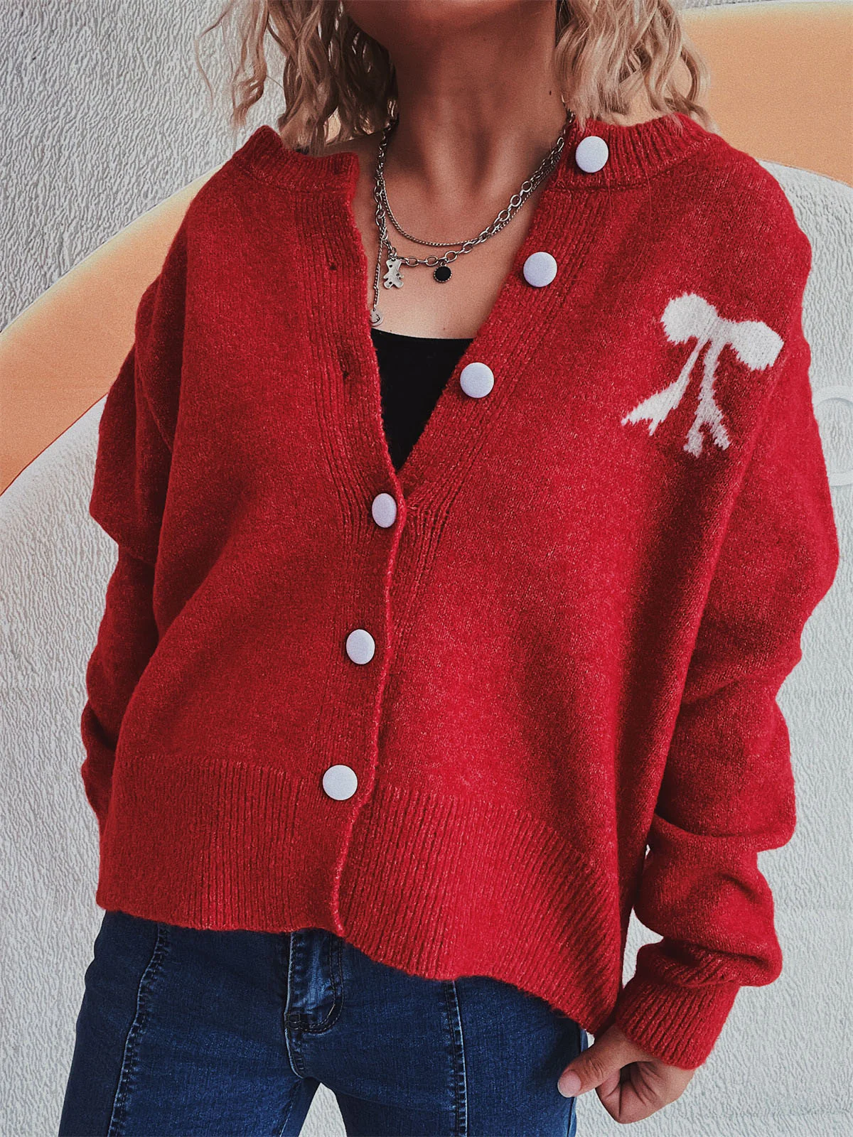 Beate | Long-sleeved cardigan with bow and round neckline and buttons - Image 2