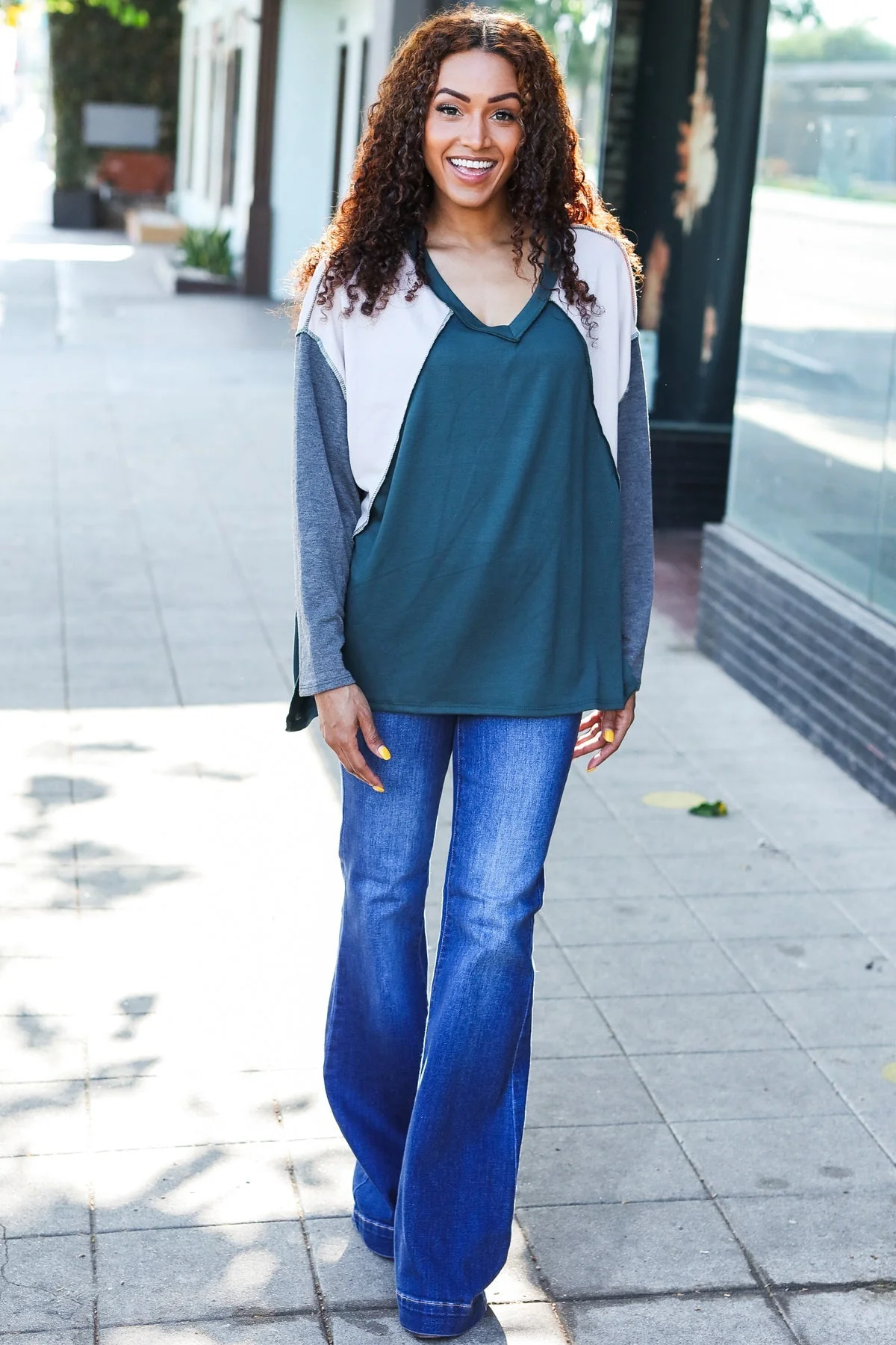 Beate | Standout hunter green raglan top with color block outseam and V-neckline - Image 8