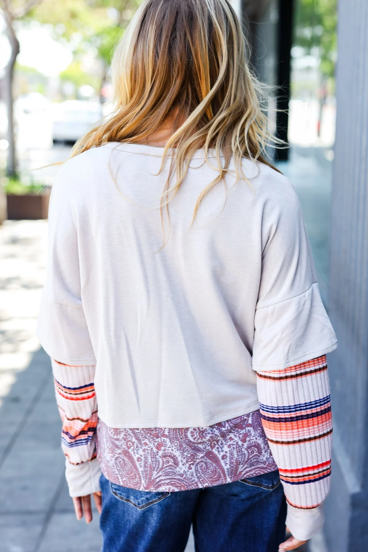 Beatrice | Boho Energy Taupe Stripe & Paisley Twofer Terry Top - Image 2