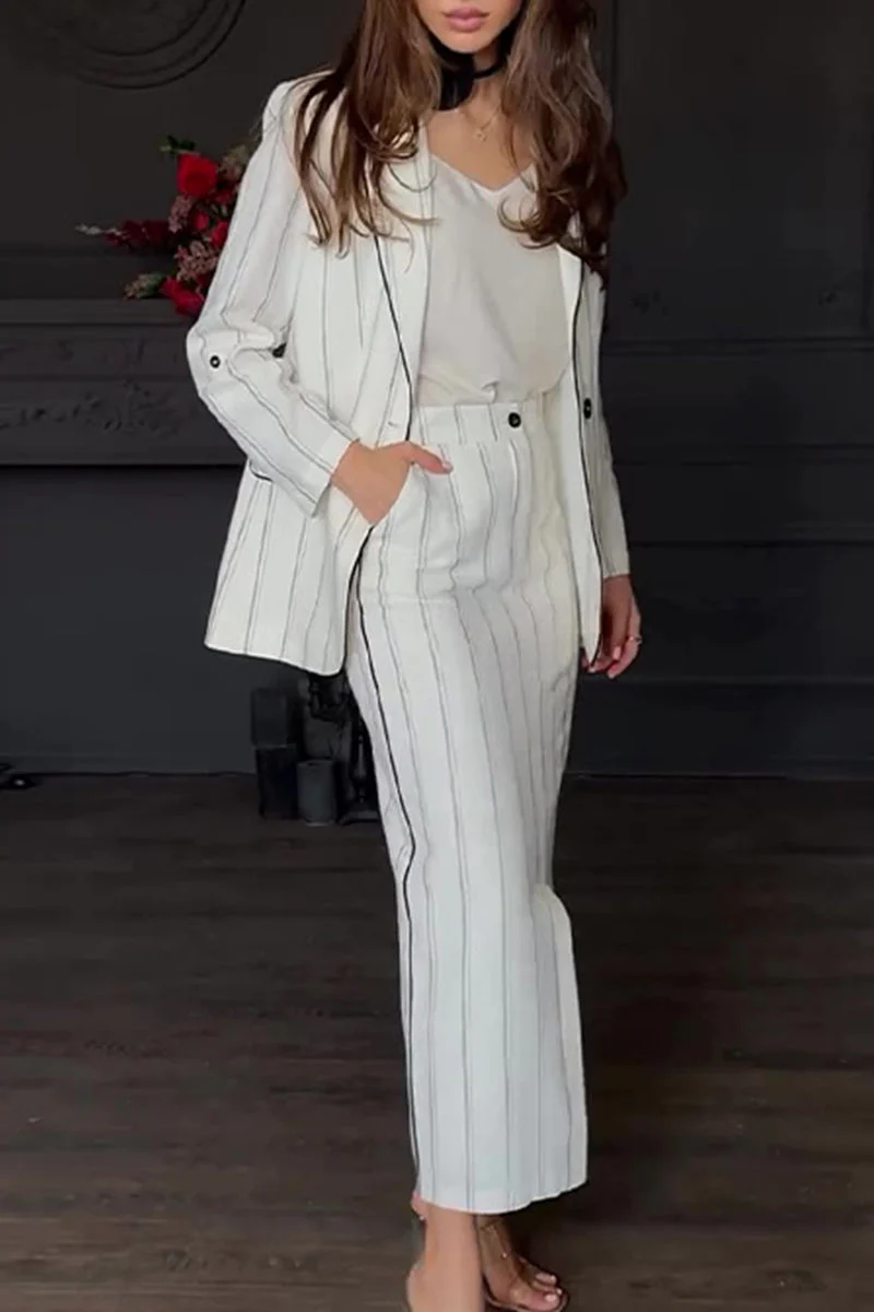 Bieke | Elegant striped print, buttons, slit, turn-down collar, long sleeves, two piece suit - Image 3