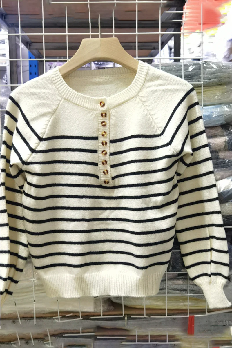 Blanca | Casual striped buckle woven contrast O-neck sweaters - Image 2