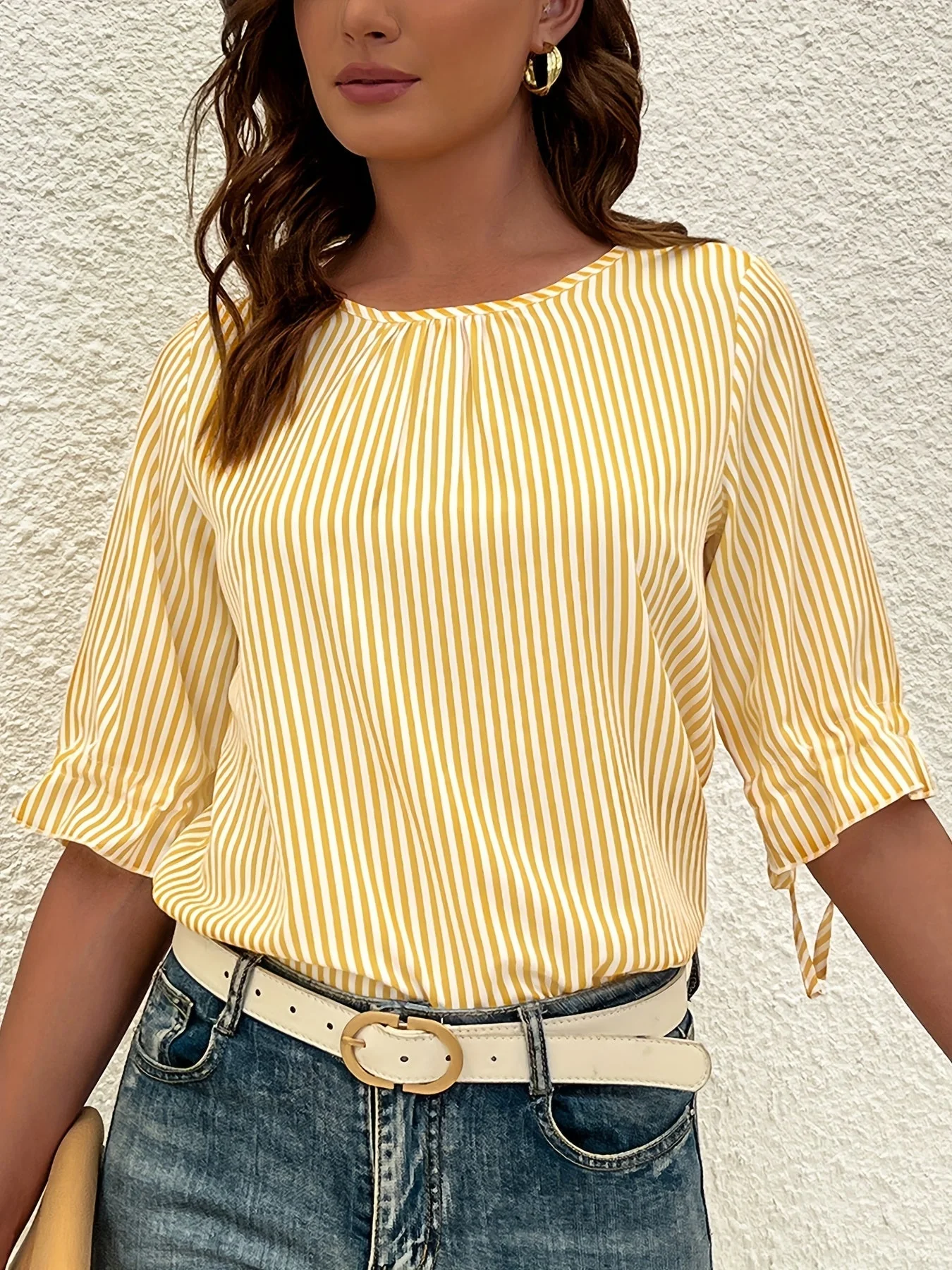 Brena® | Elegant Striped Blouse With A Round Neck And Button Details - Image 3