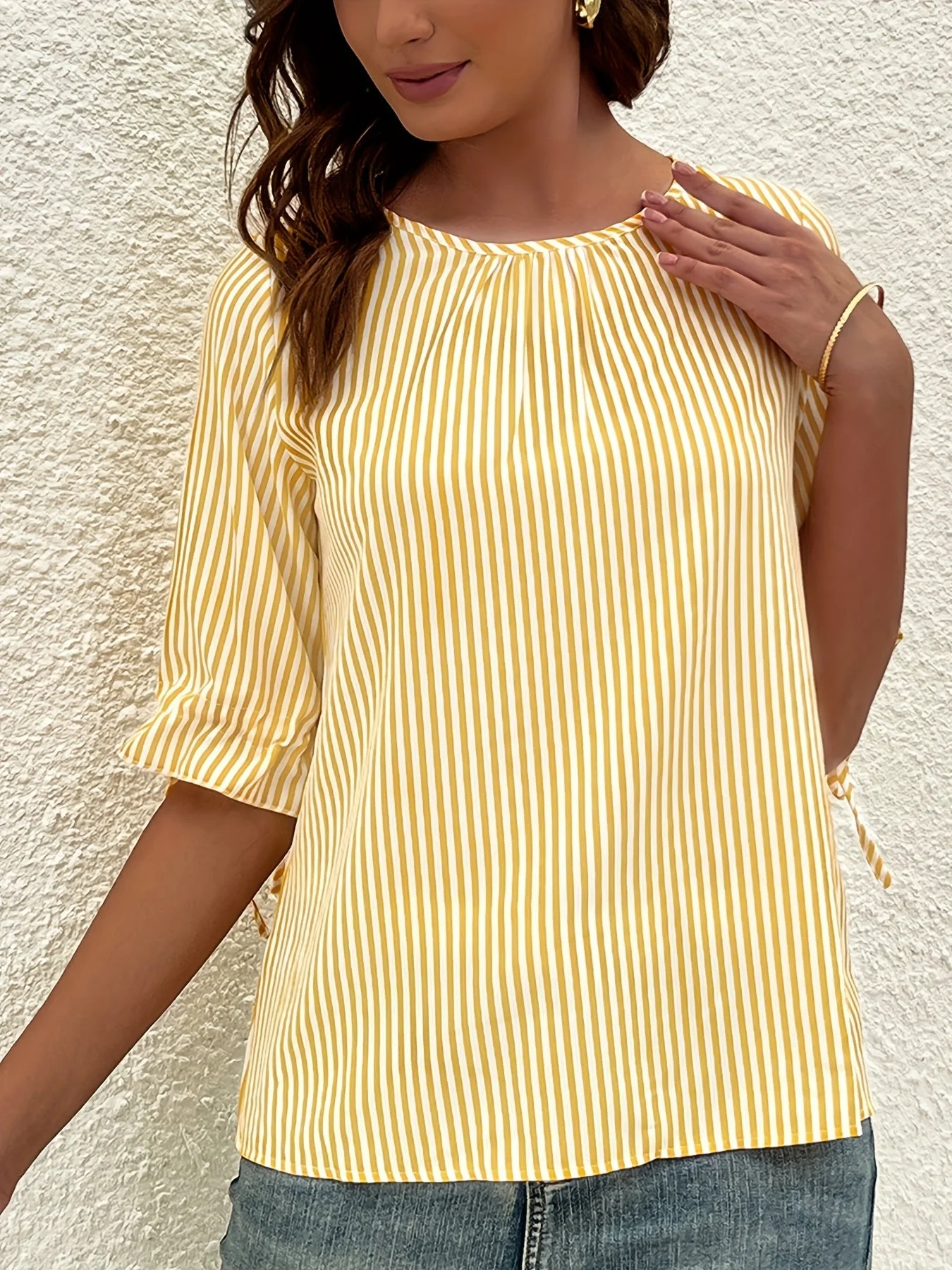 Brena® | Elegant Striped Blouse With A Round Neck And Button Details - Image 4