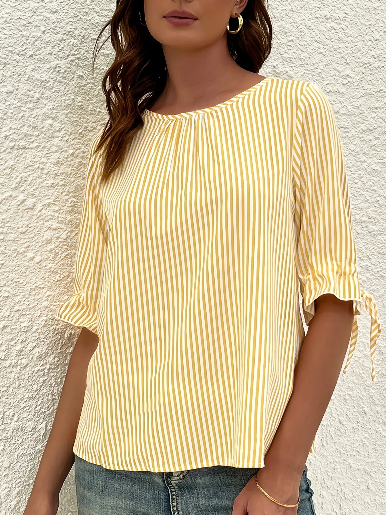 Brena® | Elegant Striped Blouse With A Round Neck And Button Details - Image 6