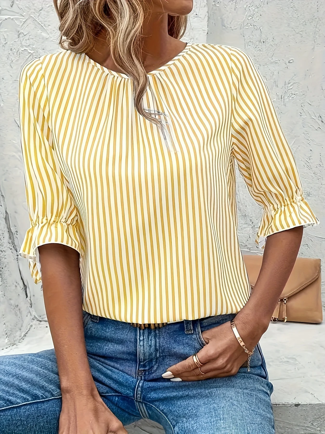 Brena® | Elegant Striped Blouse With A Round Neck And Button Details - Image 8