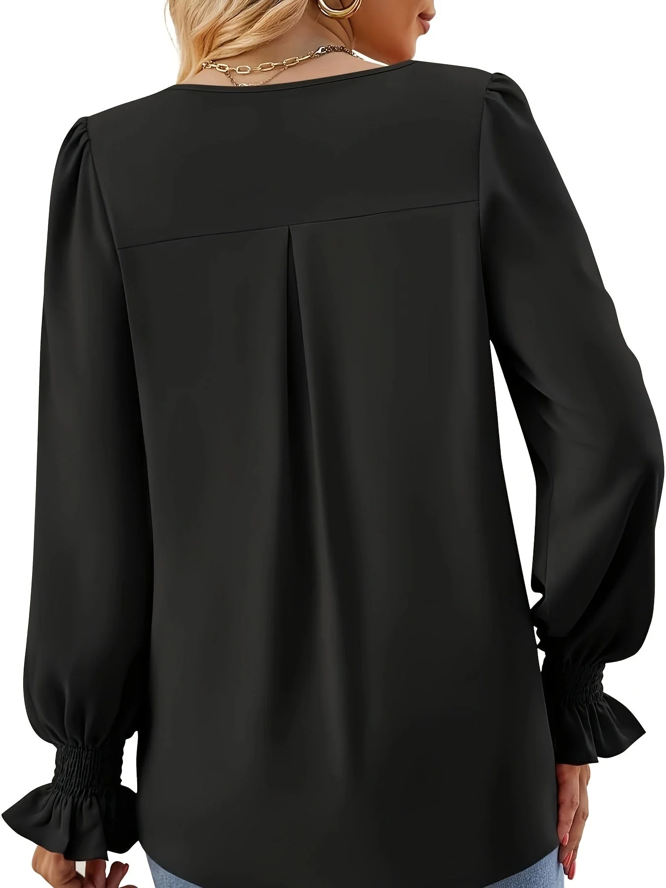 Brendell® | Simple V-Neck Blouse With Long Sleeves, Elegant Ruffled Blouse - Image 4