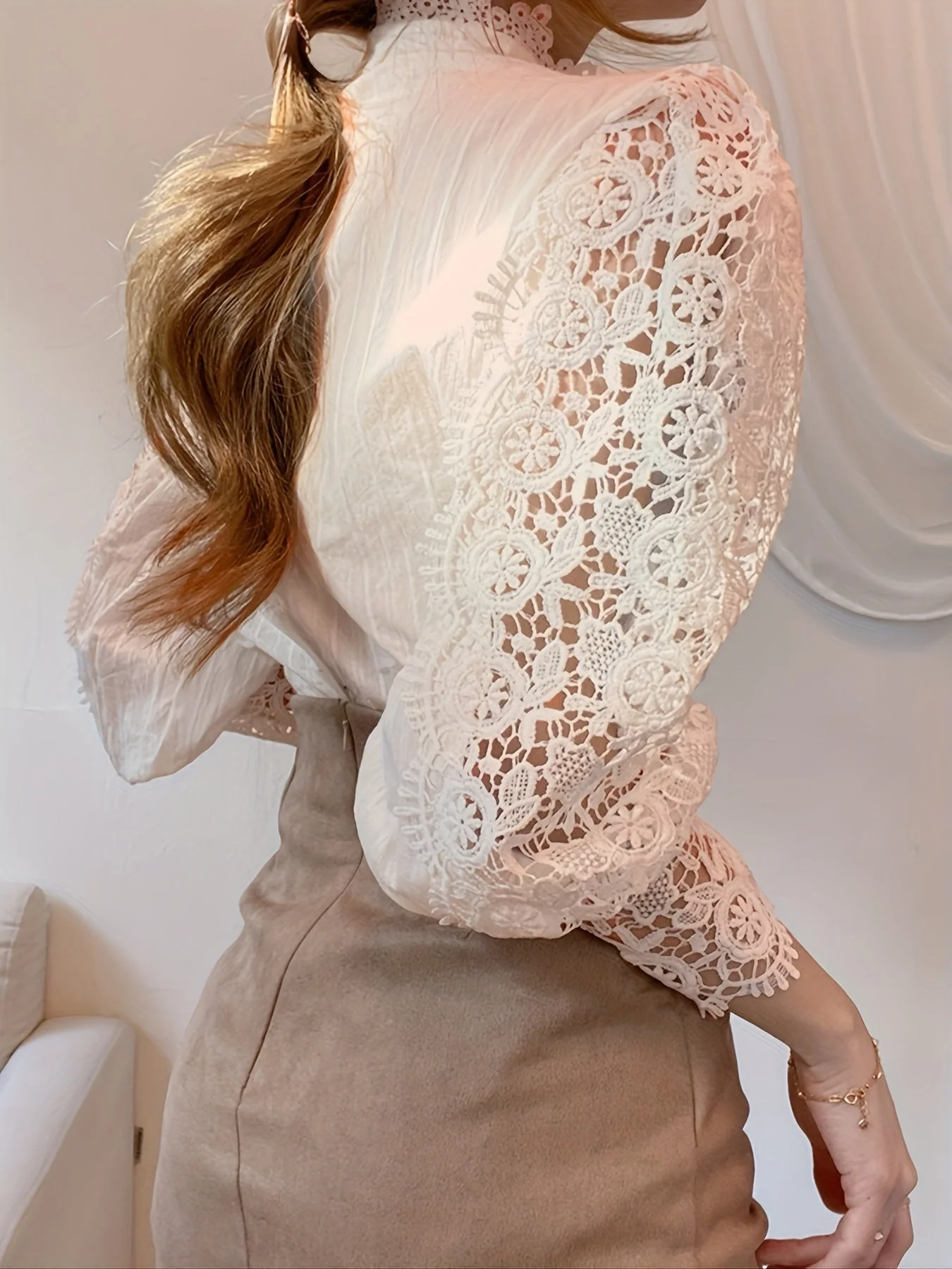 Brendi® | Women'S Blouse With Lace, Lantern Sleeves And Pleated Plain Cut - Image 2