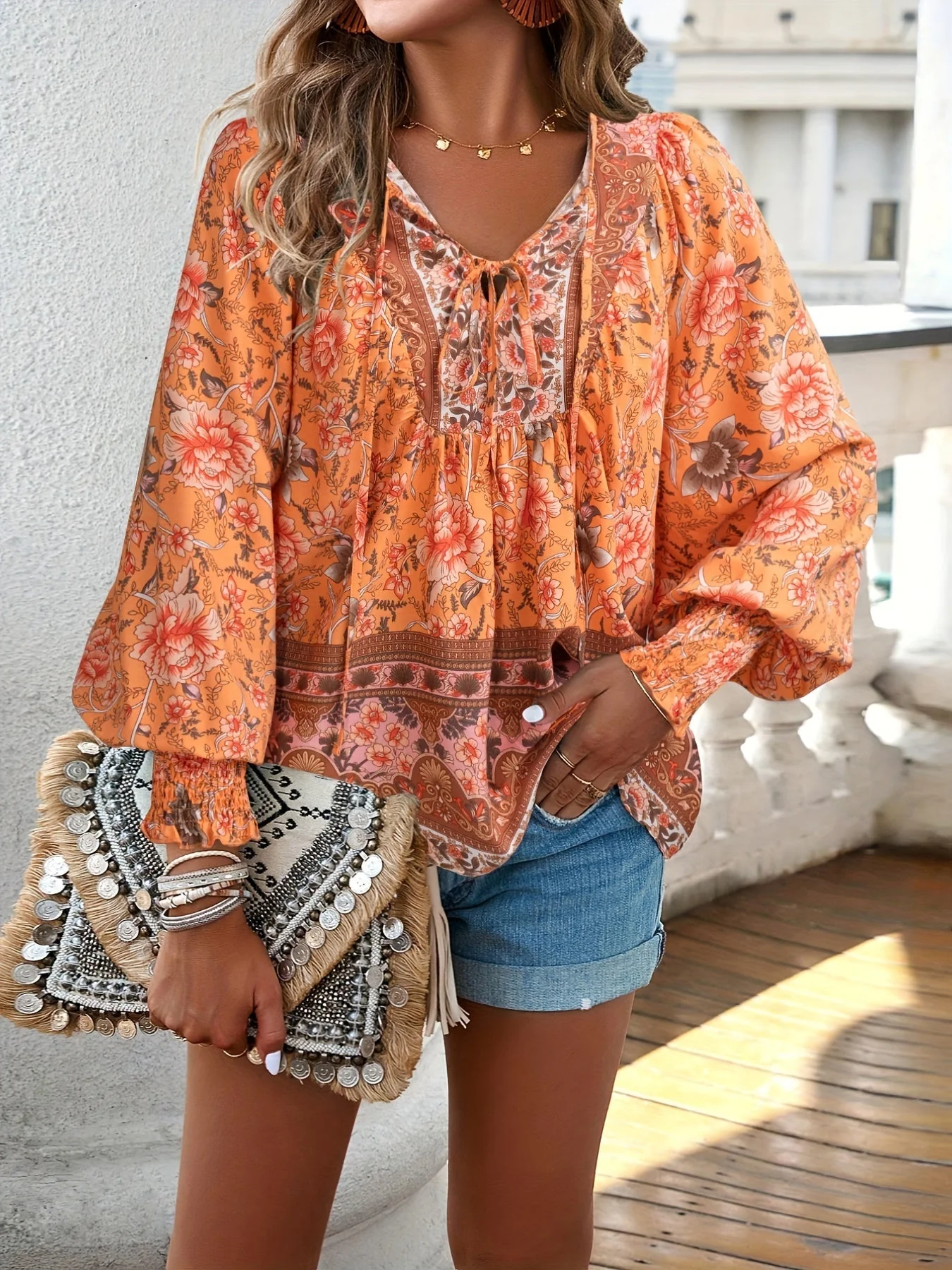 Brenessa® | Floral Blouse With V-Neck And Drawstring - Image 11