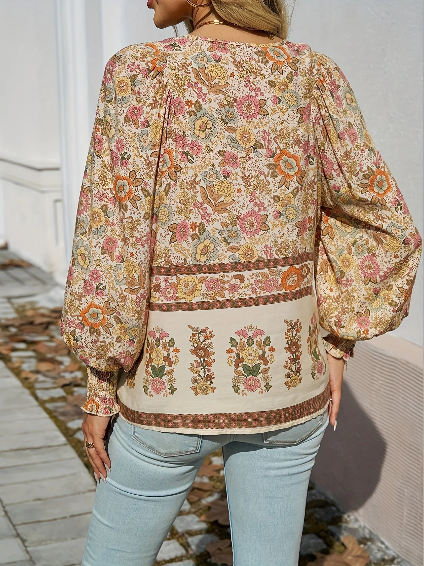 Brenessa® | Floral Blouse With V-Neck And Drawstring - Image 3