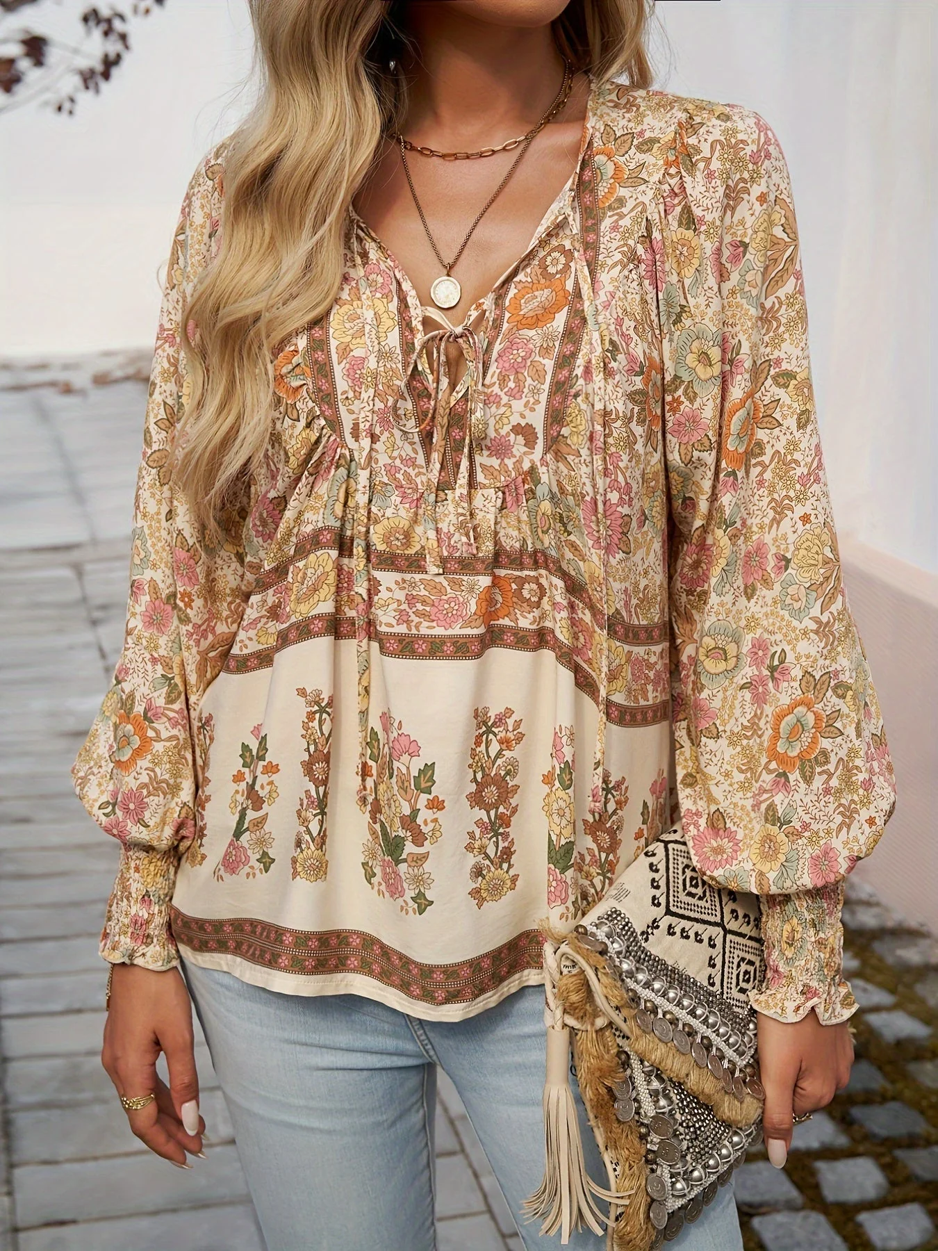 Brenessa® | Floral Blouse With V-Neck And Drawstring - Image 7