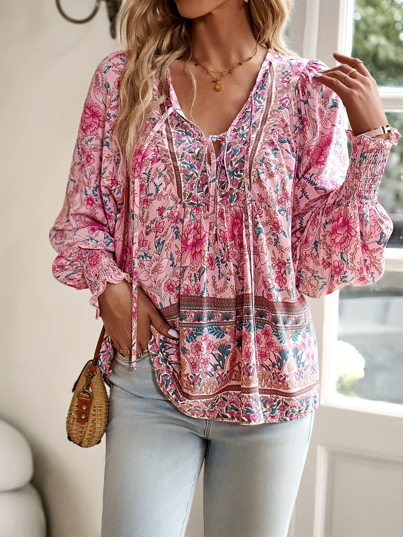 Brenessa® | Floral Blouse With V-Neck And Drawstring - Image 9