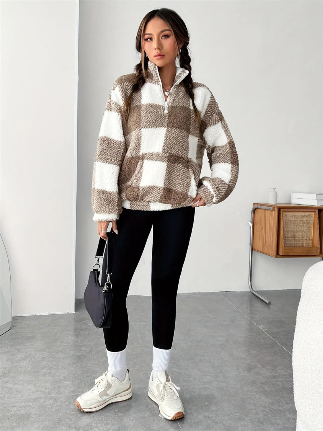Brigitte | Checked half zip long sleeve teddy sweatshirt - Image 4