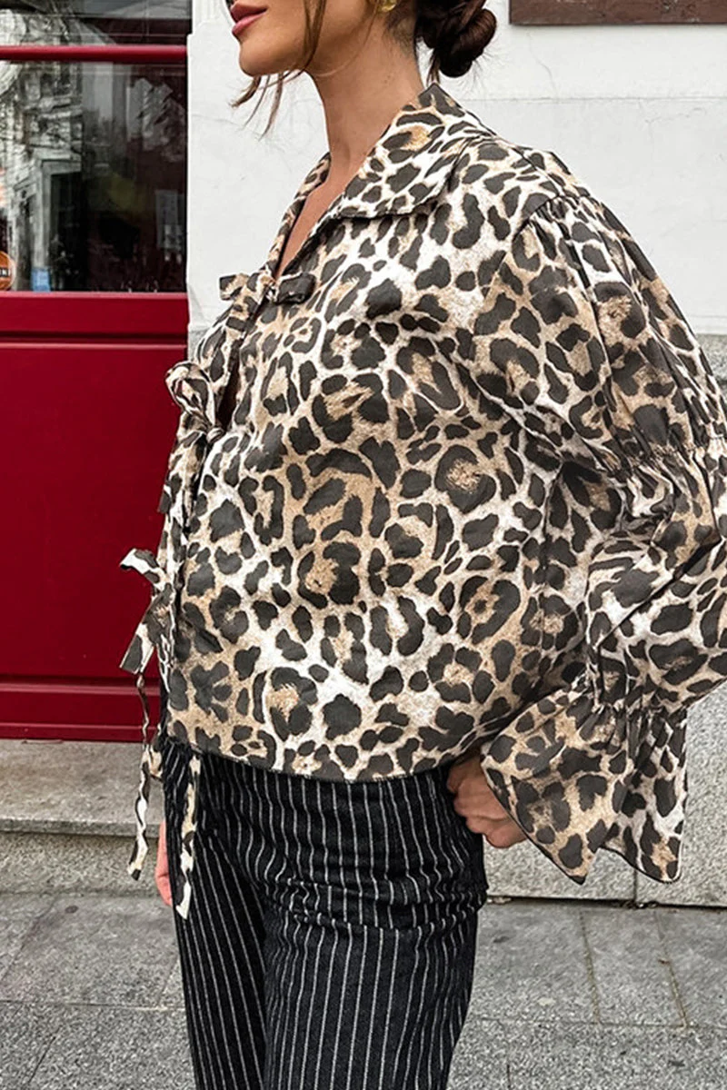 Britta | Casual street blouses with leopard print and lace-up and turn-down collar - Image 7