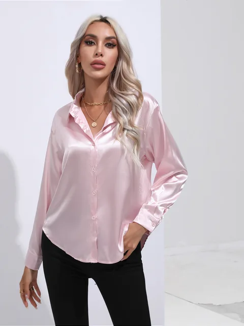 Broose® | Elegant Wide Satin Blouse With Long Sleeves - Image 12