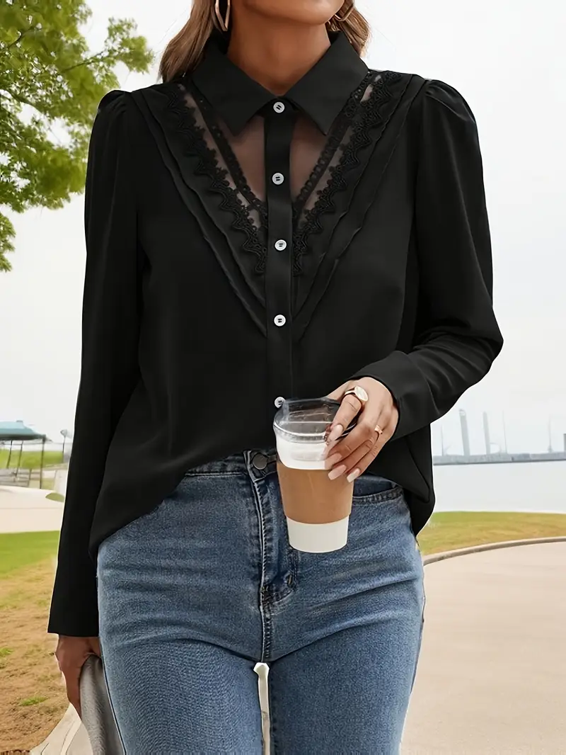 Browstone® | Blouse With Lapel Collar And Contrasting Lace - Image 3