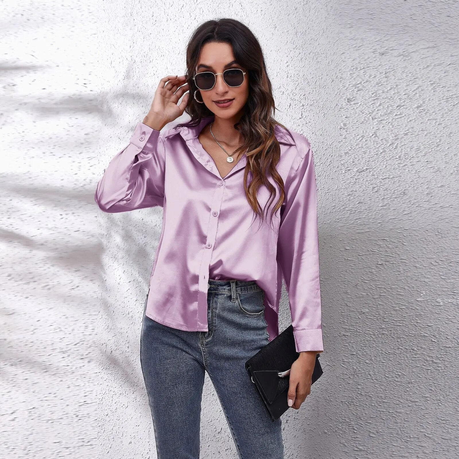 Camille® | Satin Shirt Silk Top - Image 6