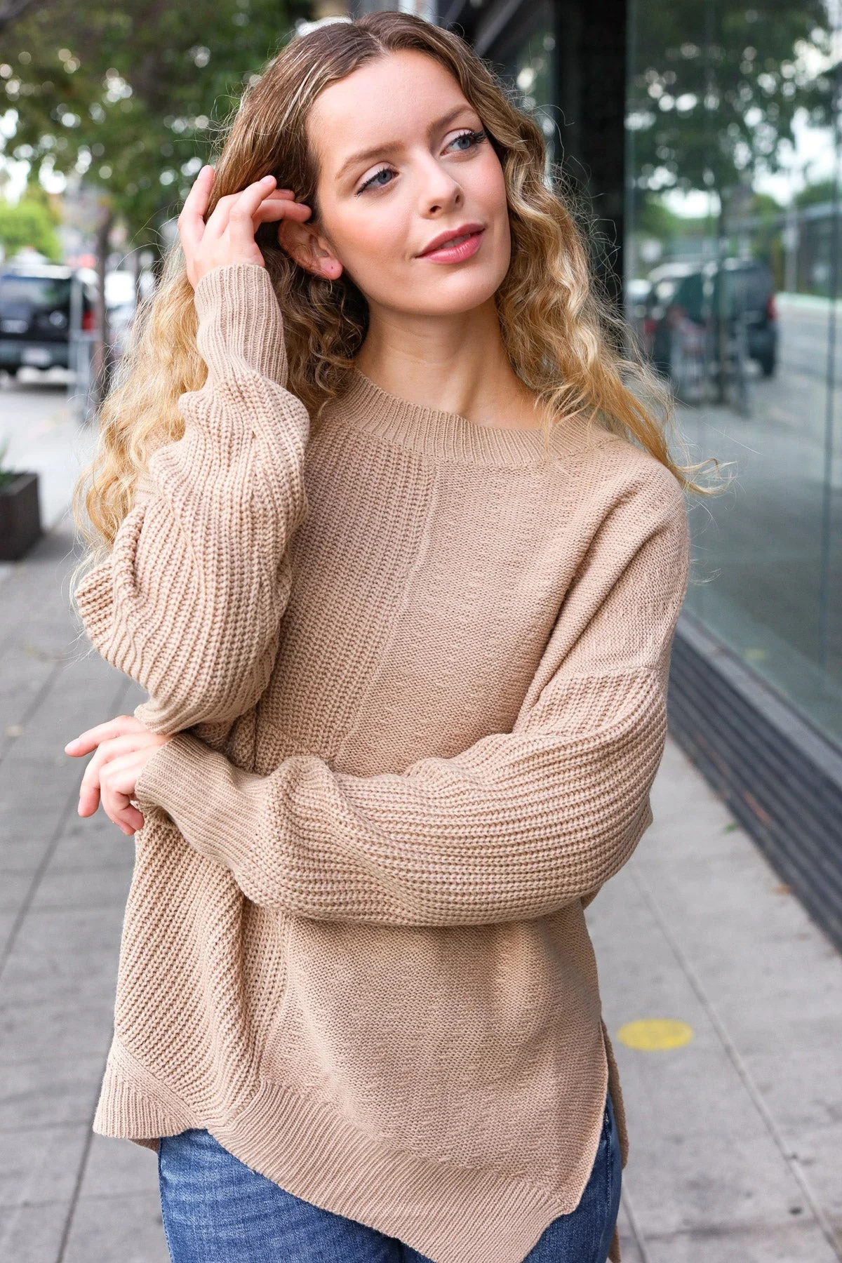 Carolin | Asymmetrical knitted sweater in taupe from Autumn Vibes - Image 8