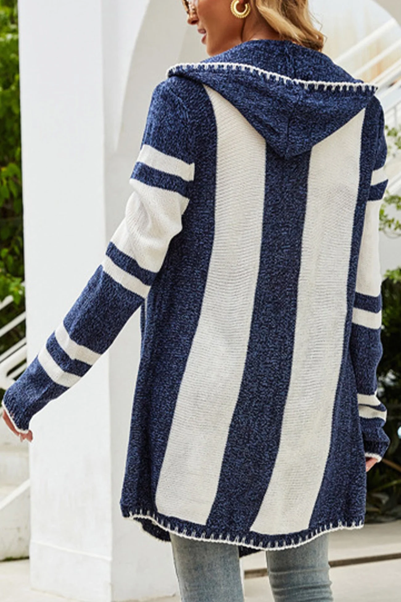 Carolin | Striped contrast irregular mid-length hooded cardigan - Image 4