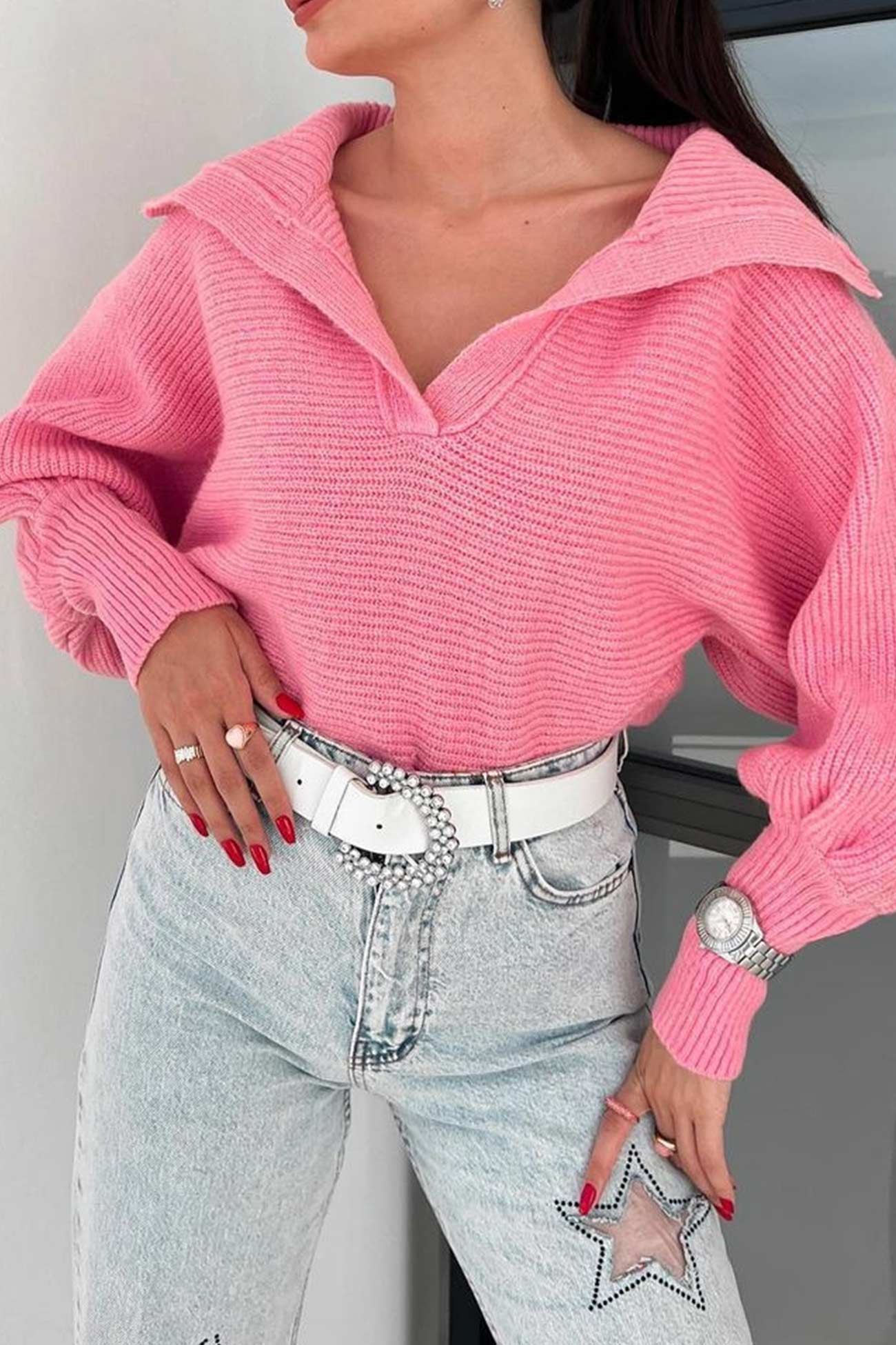 Carolina | V-neck lapel sweater with puff sleeves - Image 2