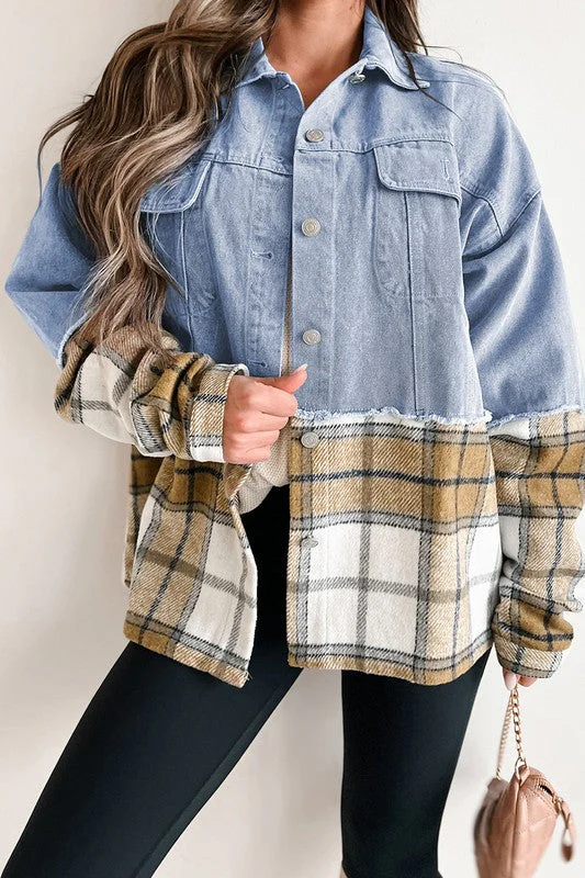 Catalina | Oversized plaid patchwork denim jacket with buttons - Image 4